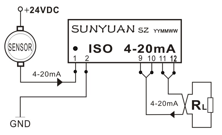 两线无源电流环路隔离器：ISO 4-20mA典型应用图