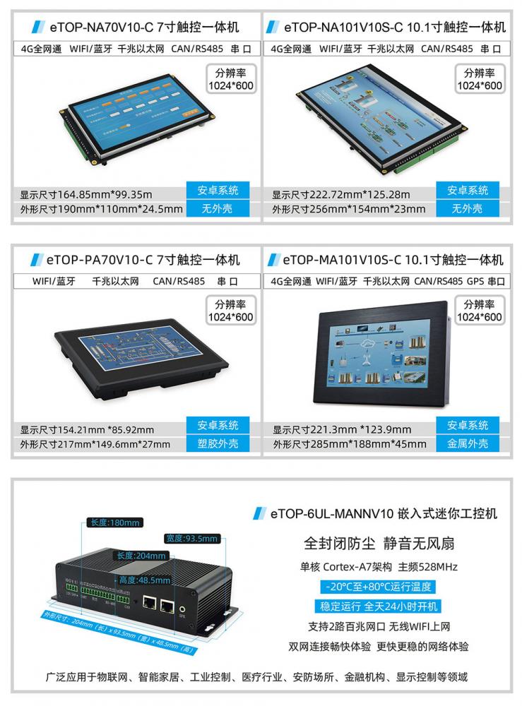 迅为安卓小尺寸触控一体机7寸、10.1寸，还有迷你工控机