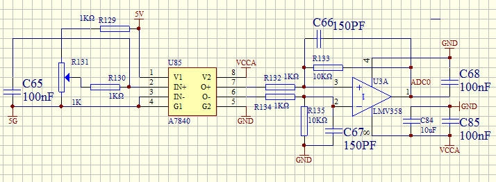 如下图,放大器左边是线性光耦(a7840)的输入端,电阻取样输入光耦