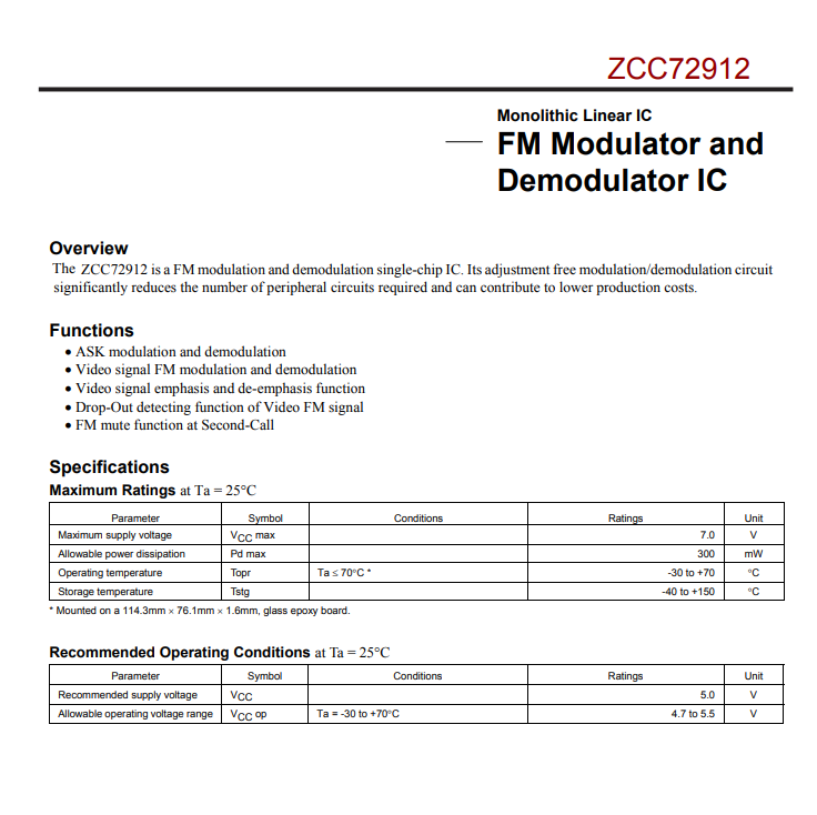 ZCC72912--调频调制器和解调器集成电路 完全替代LA72912