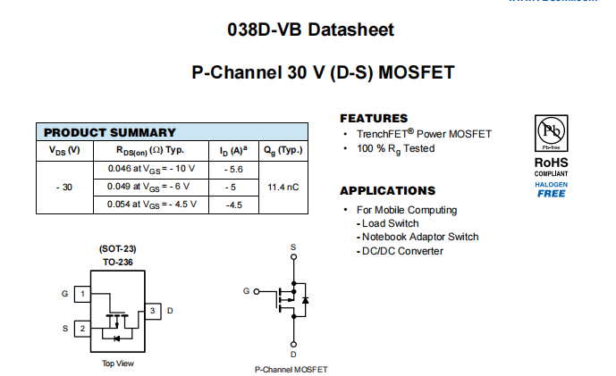 038D-VB一款SOT23封装P—Channel场效应MOS管