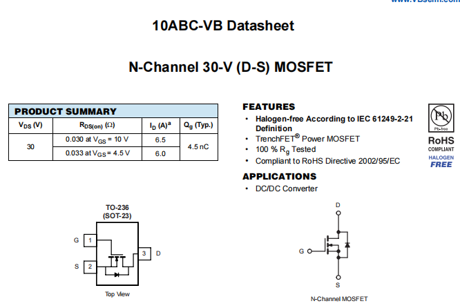 10ABC-VB一款SOT23封装N—Channel场效应MOS管