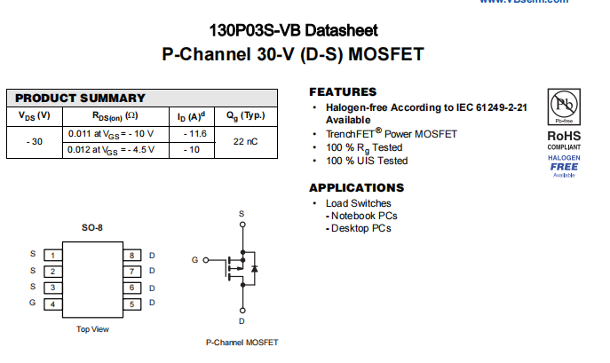 130P03S-VB一款SOP8封装P—Channel场效应MOS管