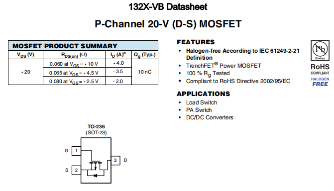 132X-VB一款SOT23封装P—Channel场效应MOS管