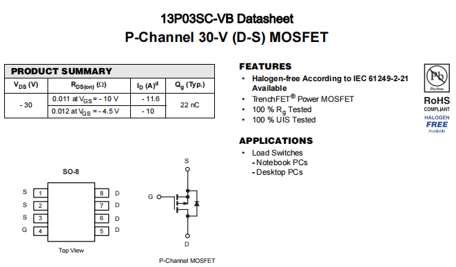 13P03SC-VB一种P—Channel沟道SOT8封装MOS管