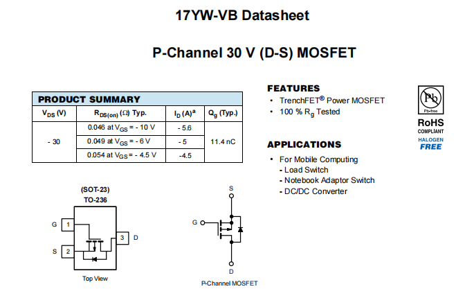 17YW-VB一款SOT23封装P—Channel场效应MOS管