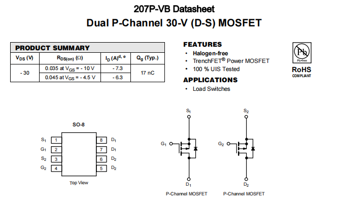 207P-VB一款SOP8封装2个P—Channel场效应MOS管
