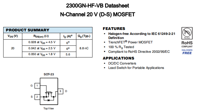 2300GN-HF-VB一款SOT23封装N—Channel场效应MOS管