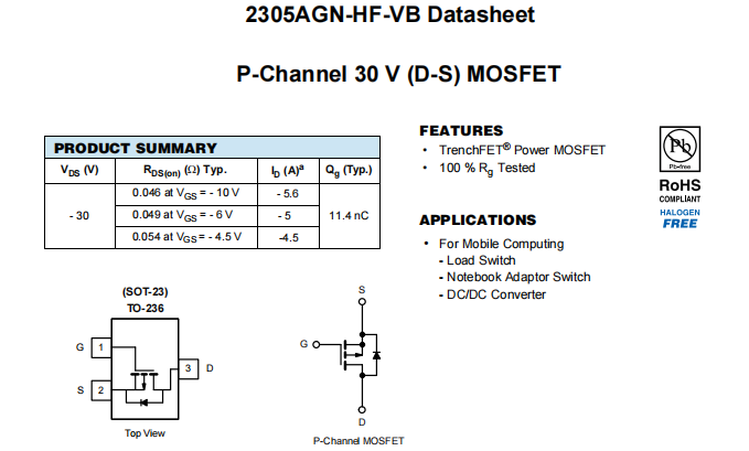 2305AGN-HF-VB一款SOT23封装P—Channel场效应MOS管