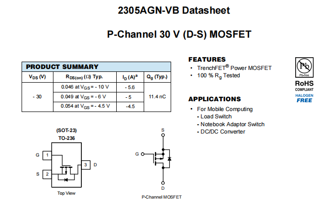 2305AGN-VB一款SOT23封装P—Channel场效应MOS管