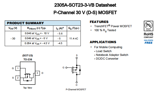 2305A-SOT23-3-VB一款SOT23封装P—Channel场效应MOS管