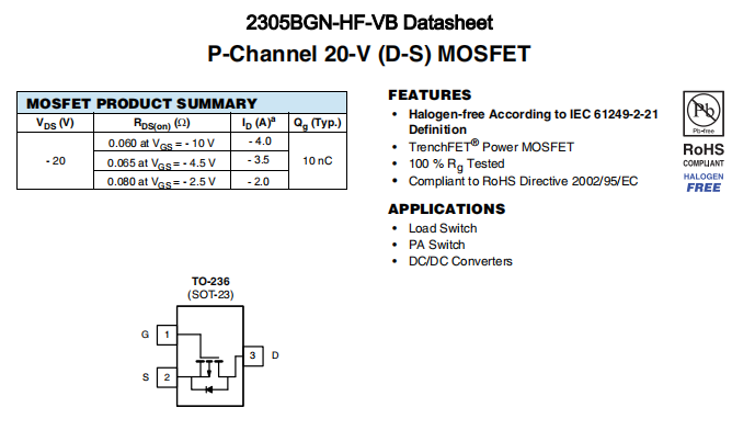 2305BGN-HF-VB一款SOT23封装P—Channel场效应MOS管