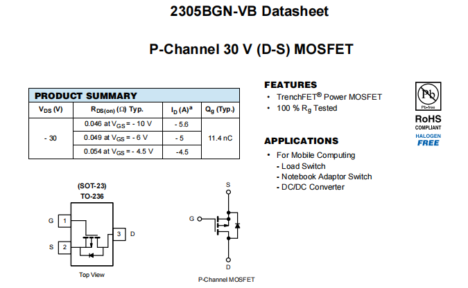 2305BGN-VB一款SOT23封装P—Channel场效应MOS管