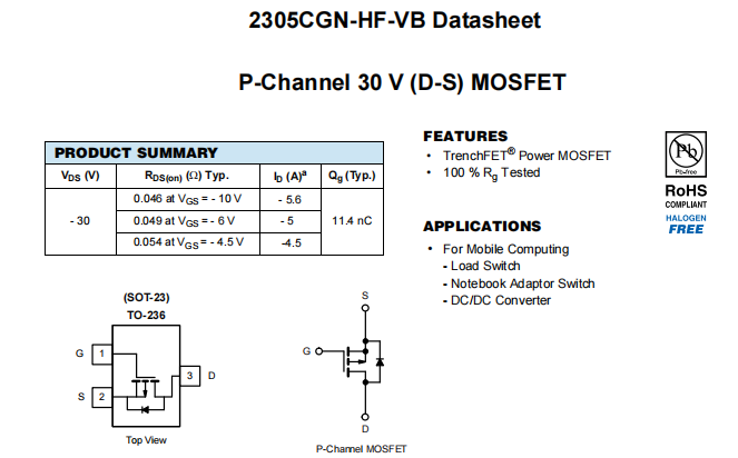 2305CGN-HF-VB一款SOT23封装P—Channel场效应MOS管