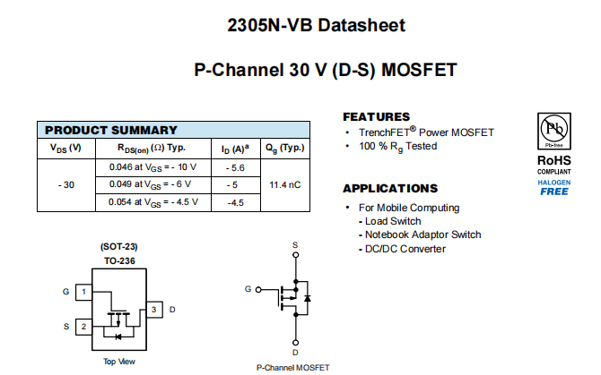 2305N-VB一款SOT23封装P—Channel场效应MOS管