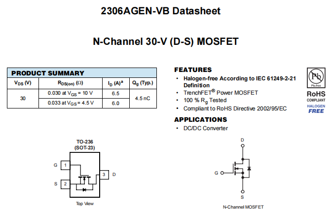 2306AGEN-VB一种N—Channel沟道SOT23封装MOS管