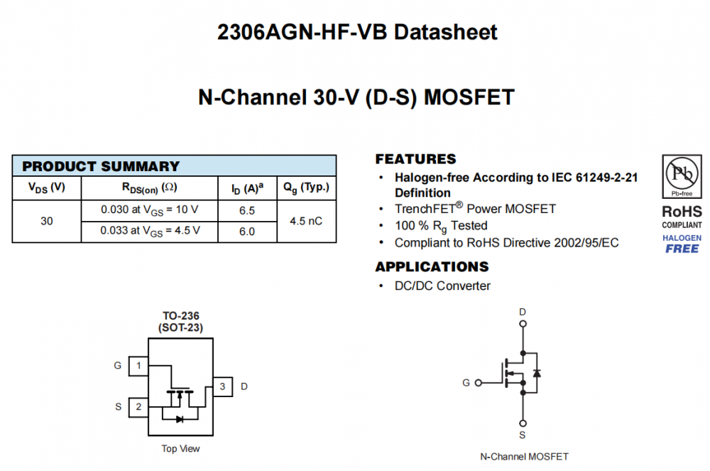 2306AGN-HF-VB一种N—Channel沟道SOT23封装MOS管