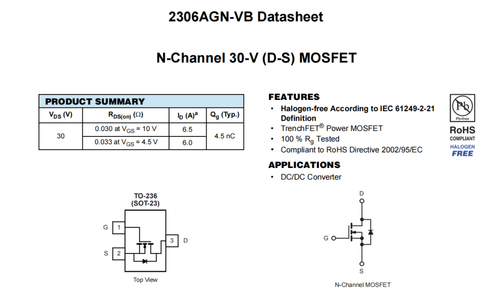 2306AGN-VB一种N—Channel沟道SOT23封装MOS管