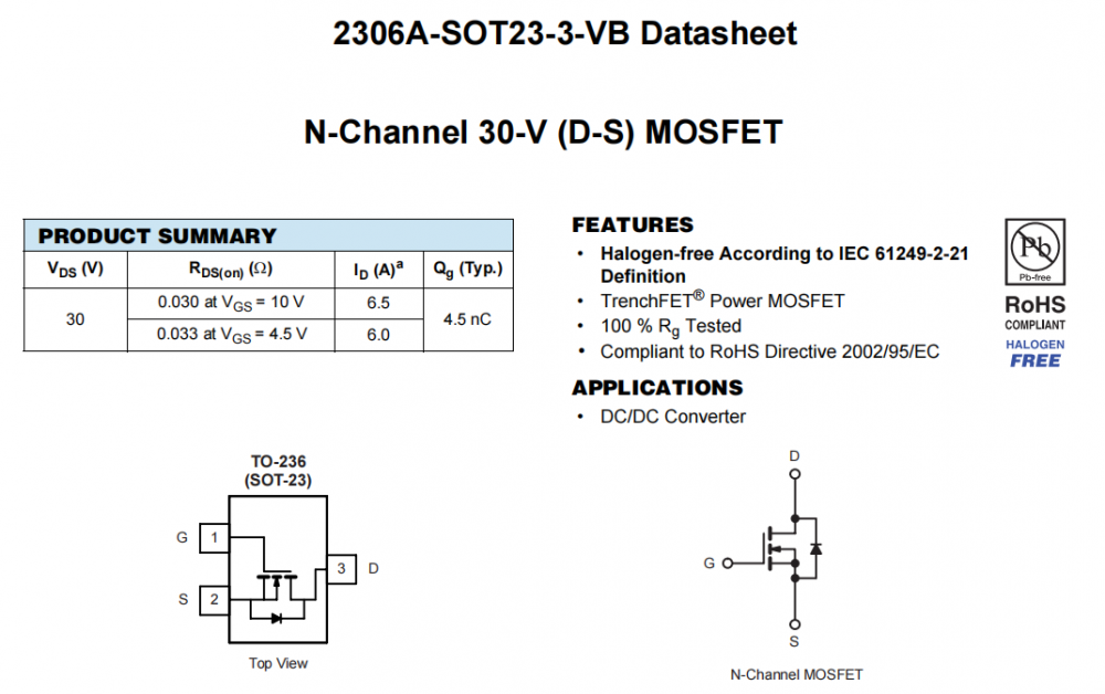 2306A-SOT23-3-VB一种N—Channel沟道SOT23封装MOS管