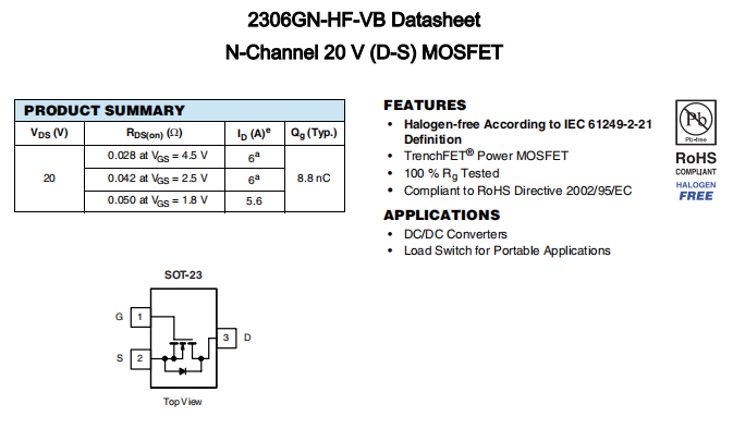 2306GN-HF-VB一款SOT23封装N—Channel场效应MOS管