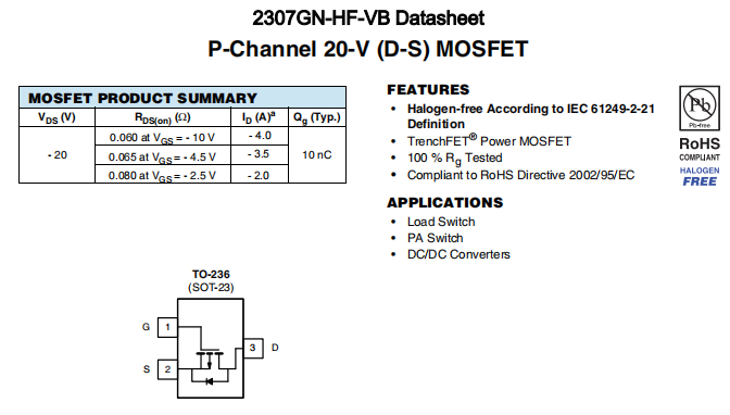 2307GN-HF-VB一种P—Channel沟道SOT23封装MOS管