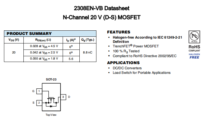 2308EN-VB一款SOT23封装N—Channel场效应MOS管