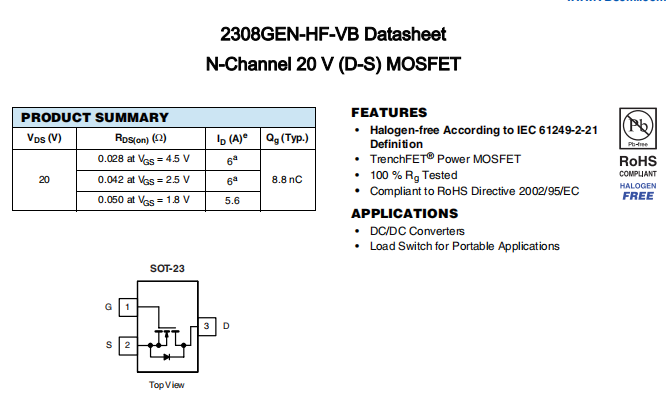 2308GEN-HF-VB一种N—Channel沟道SOT23封装MOS管