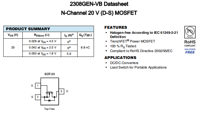 2308GEN-VB一种N—Channel沟道SOT23封装MOS管