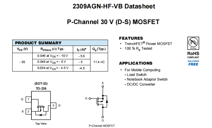 2309AGN-HF-VB一种P—Channel沟道SOT23封装MOS管