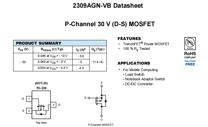 2309AGN-VB一种P—Channel沟道SOT23封装MOS管