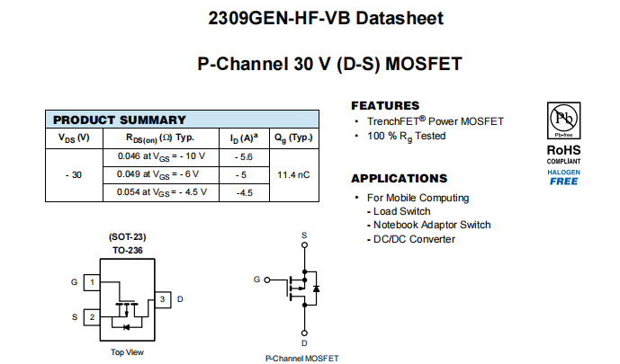 2309GEN-HF-VB一种P—Channel沟道SOT23封装MOS管