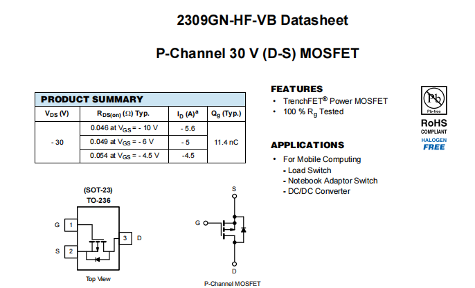 2309GN-HF-VB一种P—Channel沟道SOT23封装MOS管