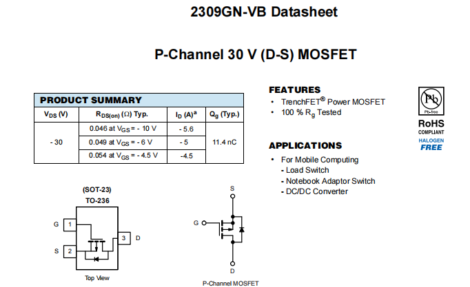 2309GN-VB一种P—Channel沟道SOT23封装MOS管