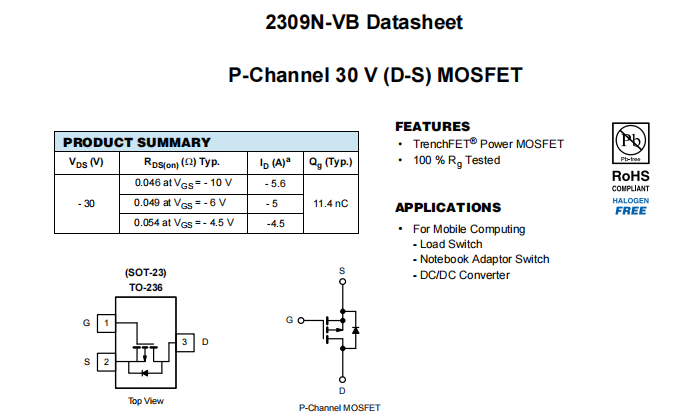 2309N-VB一种P—Channel沟道SOT23封装MOS管