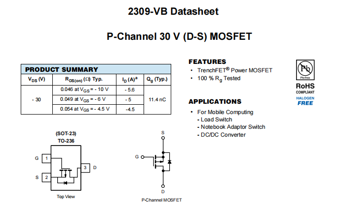 2309-VB一种P—Channel沟道SOT23封装MOS管