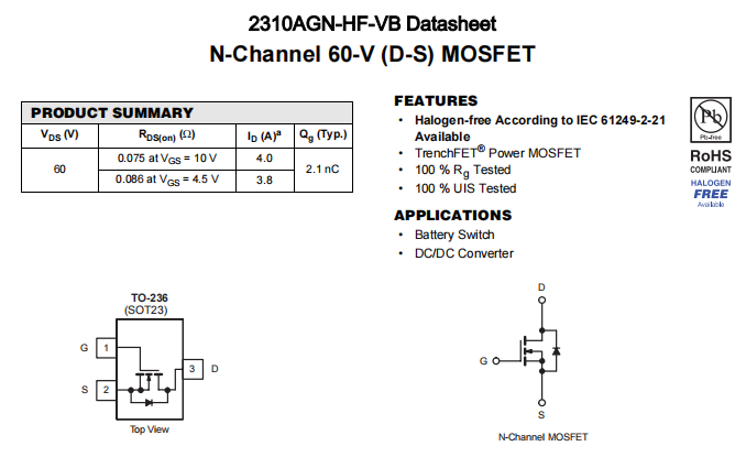 2310AGN-HF-VB一种N—Channel沟道SOT23封装MOS管