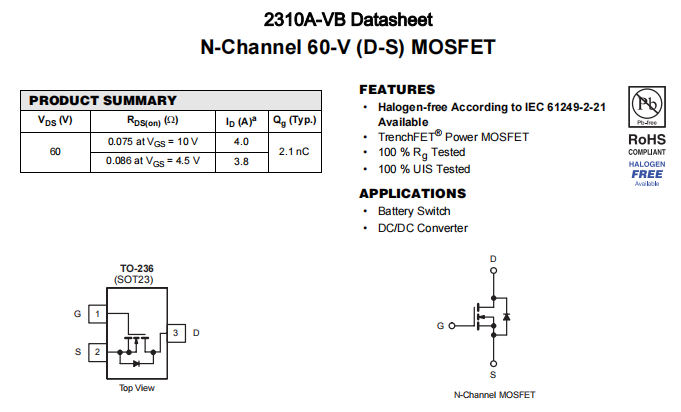 2310A-VB一种N—Channel沟道SOT23封装MOS管