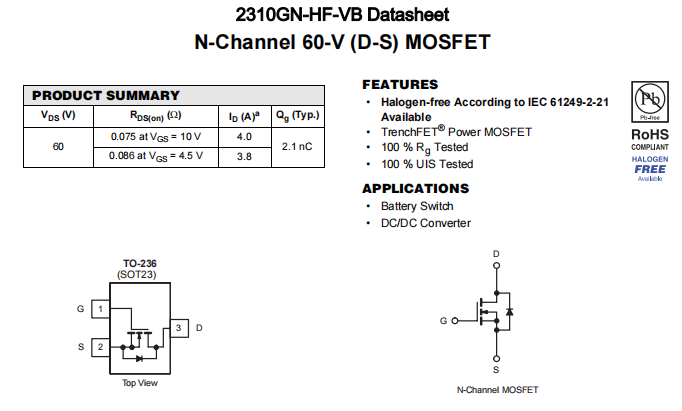 2310GN-HF-VB一种N—Channel沟道SOT23封装MOS管