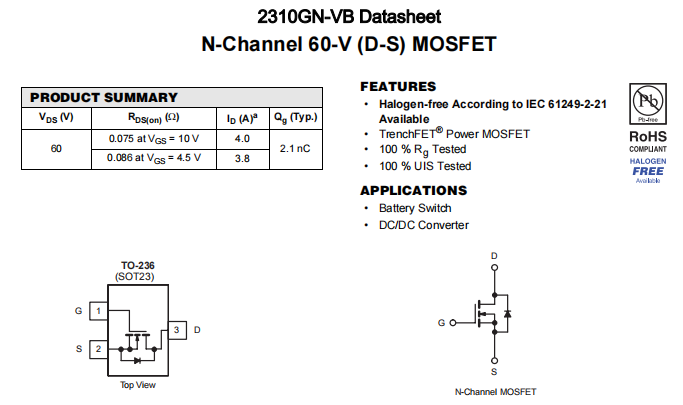 2310GN-VB一种N—Channel沟道SOT23封装MOS管