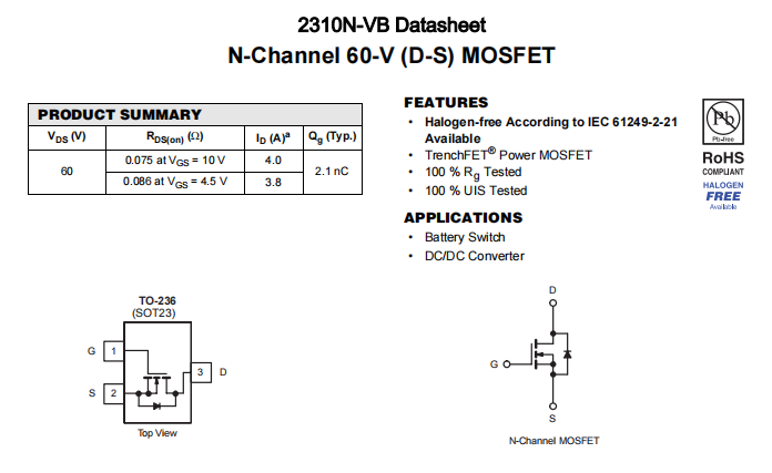 2310N-VB一种N—Channel沟道SOT23封装MOS管