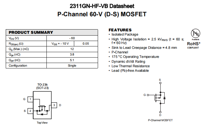 2311GN-HF-VB一种P—Channel沟道SOT23封装MOS管