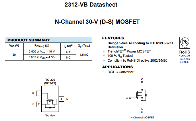 2312-VB一种N—Channel沟道SOT23封装MOS管