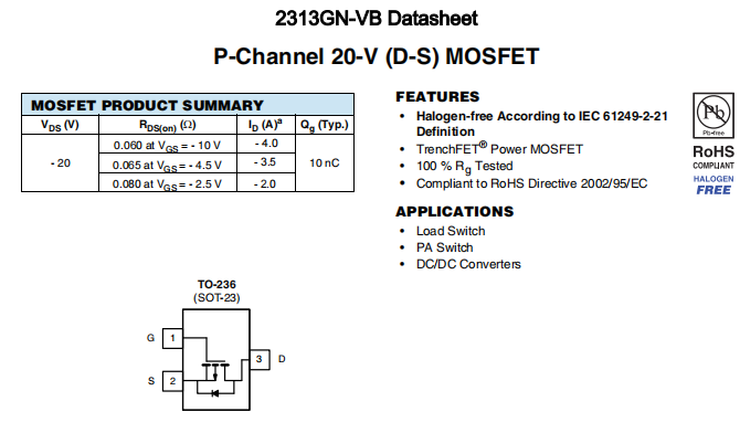 2313GN-VB一种P—Channel沟道SOT23封装MOS管