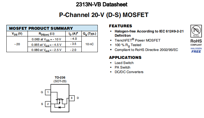 2313N-VB一种P—Channel沟道SOT23封装MOS管