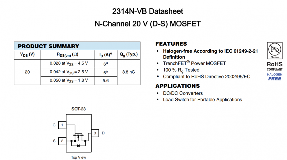 2314N-VB一种N—Channel沟道SOT23封装MOS管