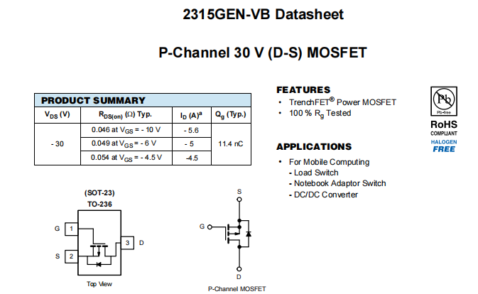 2315GEN-VB一种P—Channel沟道SOT23封装MOS管