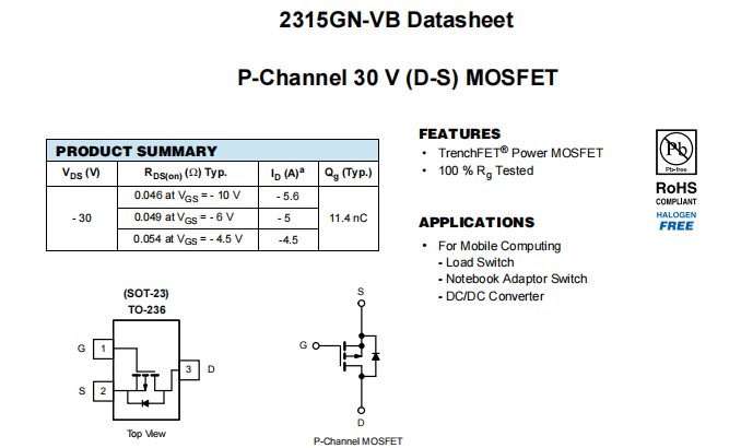 2315GN-VB一种P—Channel沟道SOT23封装MOS管