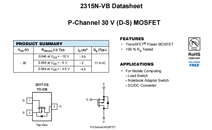 2315N-VB一种P—Channel沟道SOT23封装MOS管