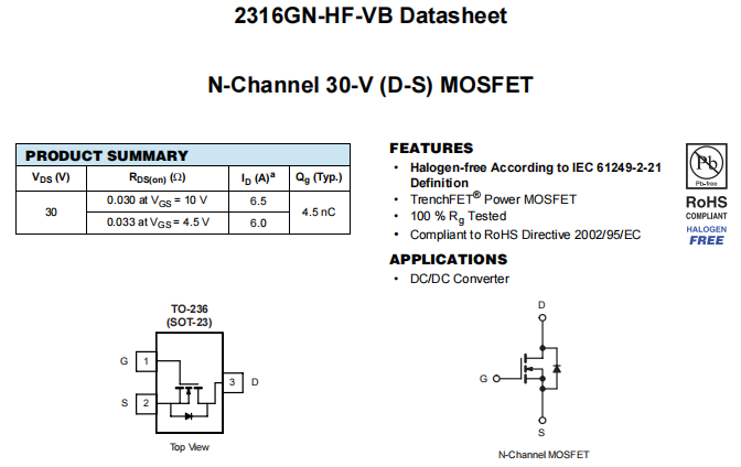 2316GN-HF-VB一种N—Channel沟道SOT23封装MOS管