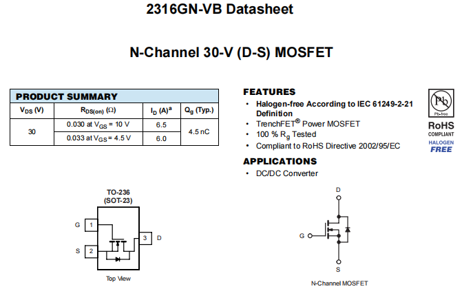 2316GN-VB一种N—Channel沟道SOT23封装MOS管